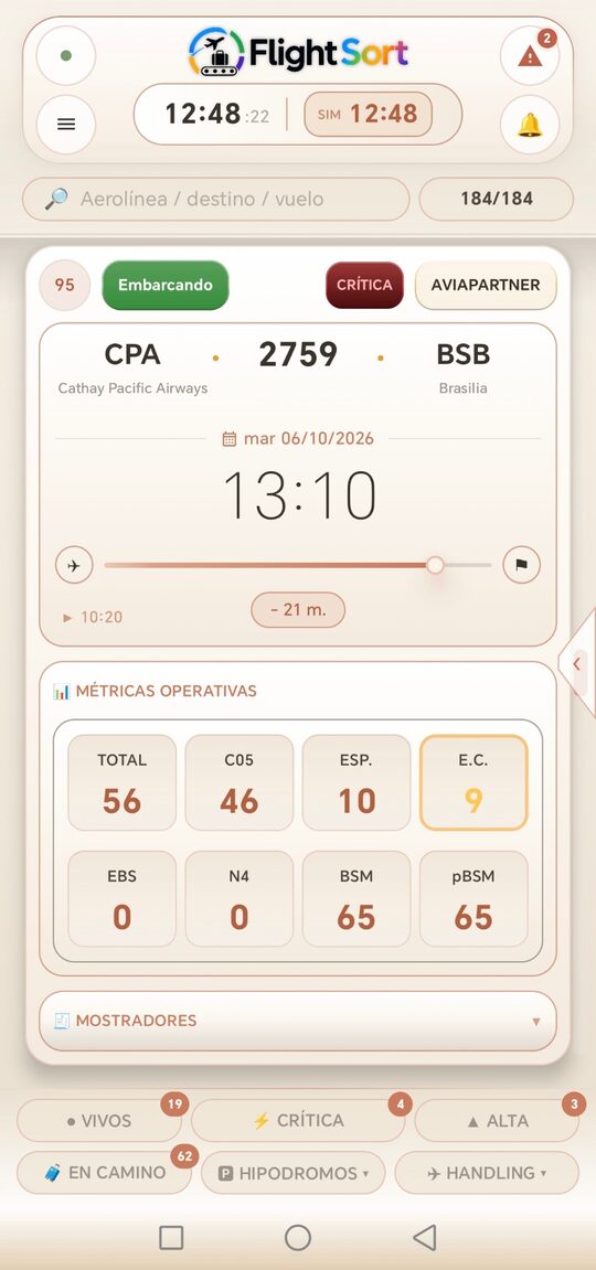 FlightSort Android — pantalla principal, alarmas y métricas en tiempo real