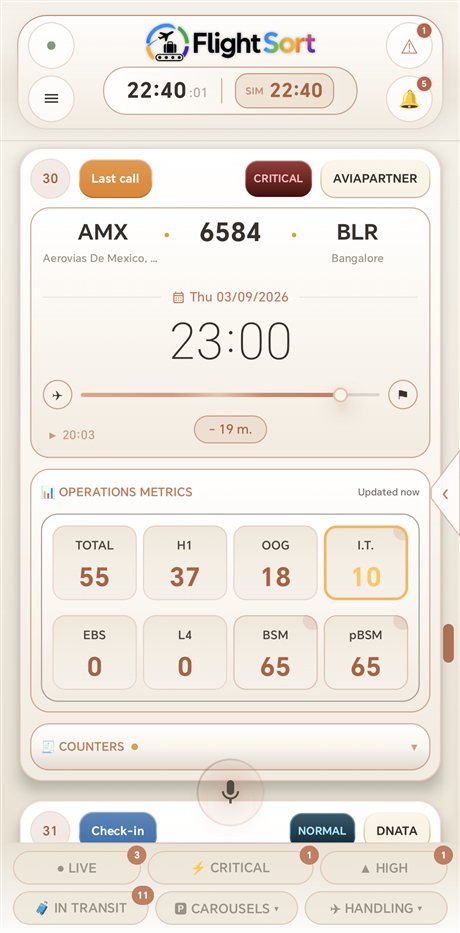 FlightSort Android — main screen, alarms and real-time metrics