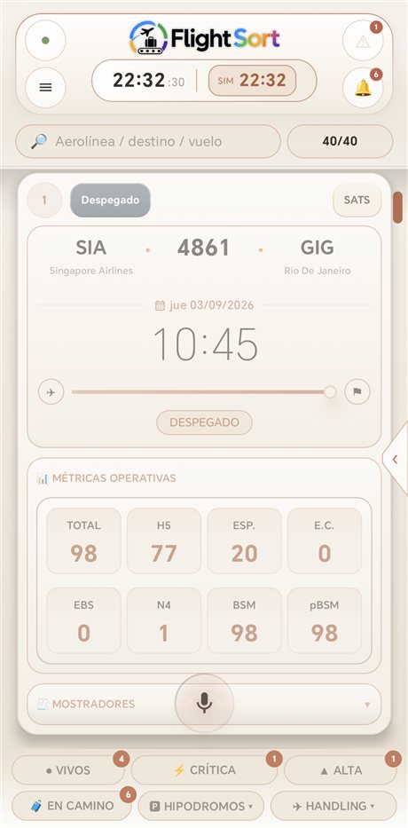 FlightSort Android — pantalla principal, alarmas y métricas en tiempo real