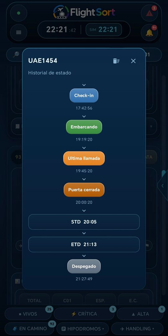 FlightSort Android — historial de estado de un vuelo (pulsación larga sobre el estado)